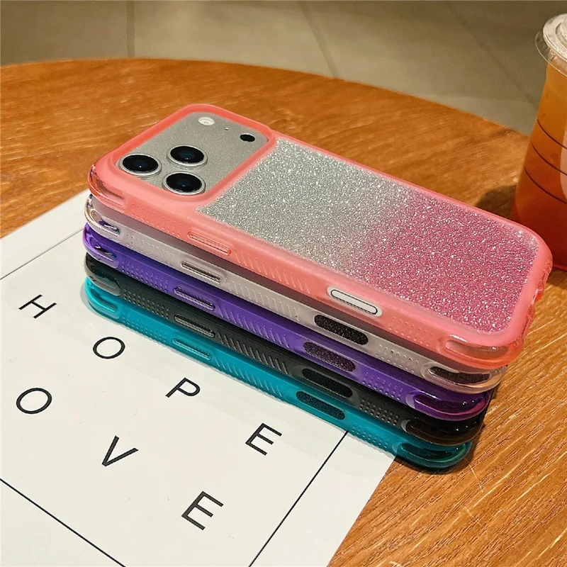 For iPhone 17 Pro Case Shockproof TPU + PC Clear Phone Back Cover with Glitter Card - Pink