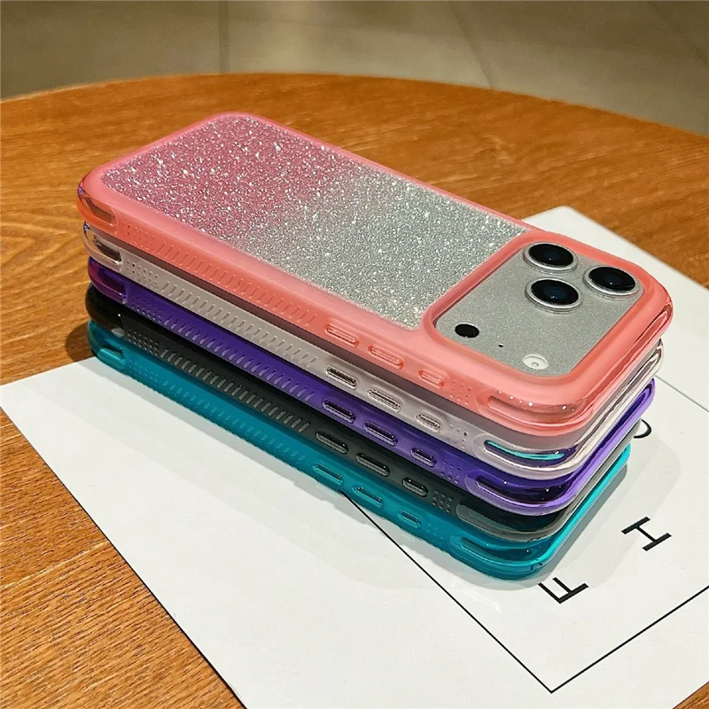 For iPhone 17 Pro Case Shockproof TPU + PC Clear Phone Back Cover with Glitter Card - Pink