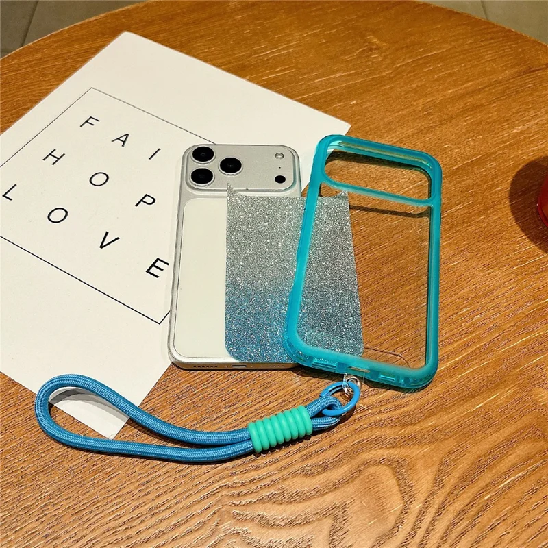 For iPhone 17 Pro Case Shockproof TPU + PC Clear Phone Back Cover with Glitter Card  /  Wrist Strap - Blue