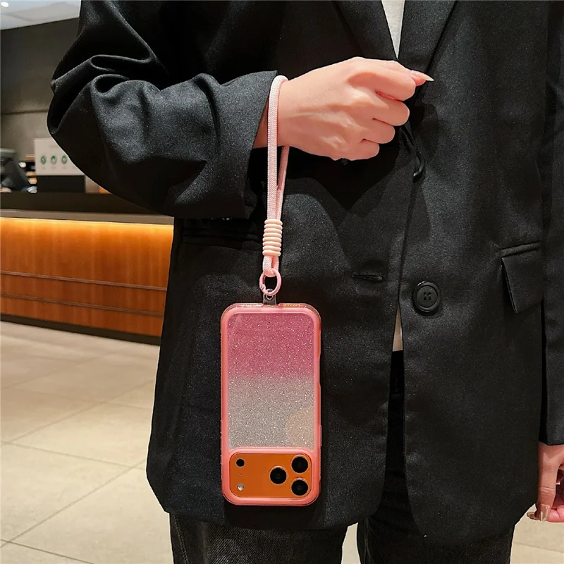 For iPhone 17 Pro Case Shockproof TPU + PC Clear Phone Back Cover with Glitter Card  /  Wrist Strap - Blue