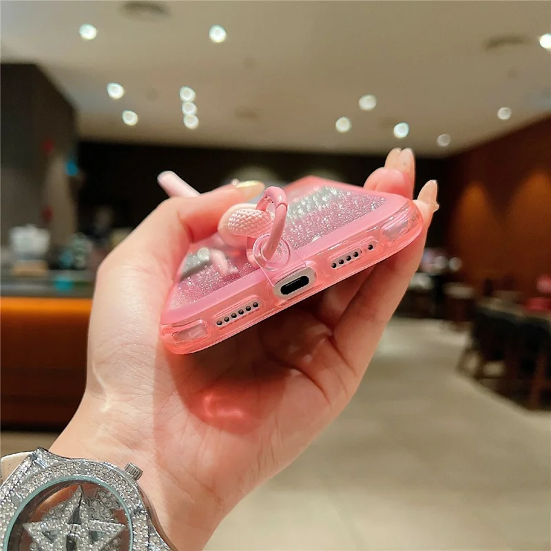 For iPhone 17 Pro Case Shockproof TPU + PC Clear Phone Back Cover with Glitter Card  /  Wrist Strap - Blue