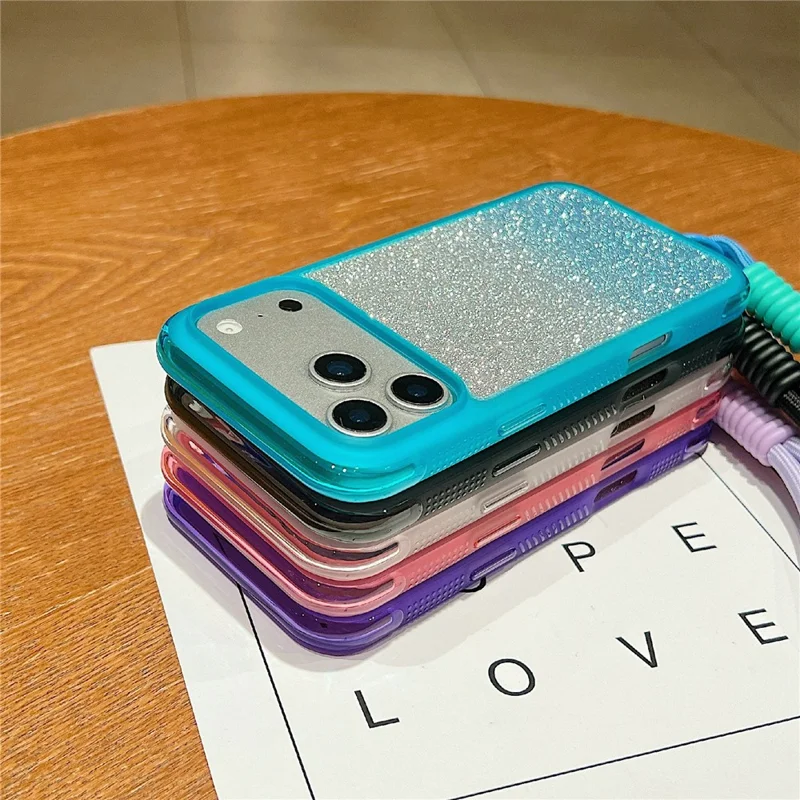 For iPhone 17 Pro Case Shockproof TPU + PC Clear Phone Back Cover with Glitter Card  /  Wrist Strap - Blue