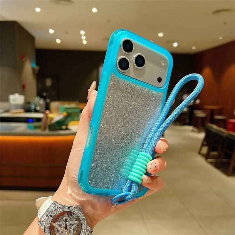 For iPhone 18 Pro Max / 17 Pro Max Case Shockproof TPU + PC Clear Phone Back Cover with Glitter Card  /  Wrist Strap - Blue