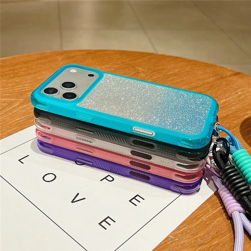 For iPhone 18 Pro Max / 17 Pro Max Case Shockproof TPU + PC Clear Phone Back Cover with Glitter Card  /  Wrist Strap - Blue