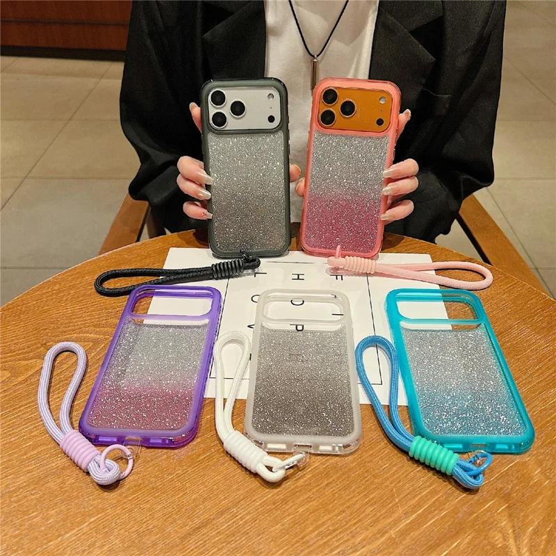 For iPhone 18 Pro Max / 17 Pro Max Case Shockproof TPU + PC Clear Phone Back Cover with Glitter Card  /  Wrist Strap - Blue