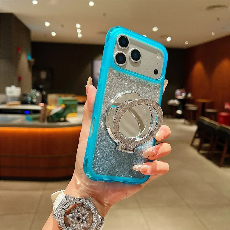 For iPhone 18 Pro Max / 17 Pro Max Magnetic Case Shockproof TPU + PC Phone Back Cover with Glitter Card  /  Mirror Kickstand - Blue