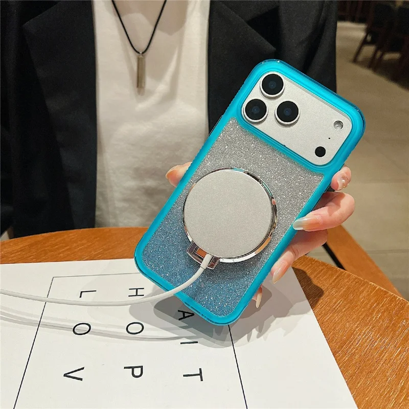 For iPhone 18 Pro Max / 17 Pro Max Magnetic Case Shockproof TPU + PC Phone Back Cover with Glitter Card  /  Mirror Kickstand - Blue