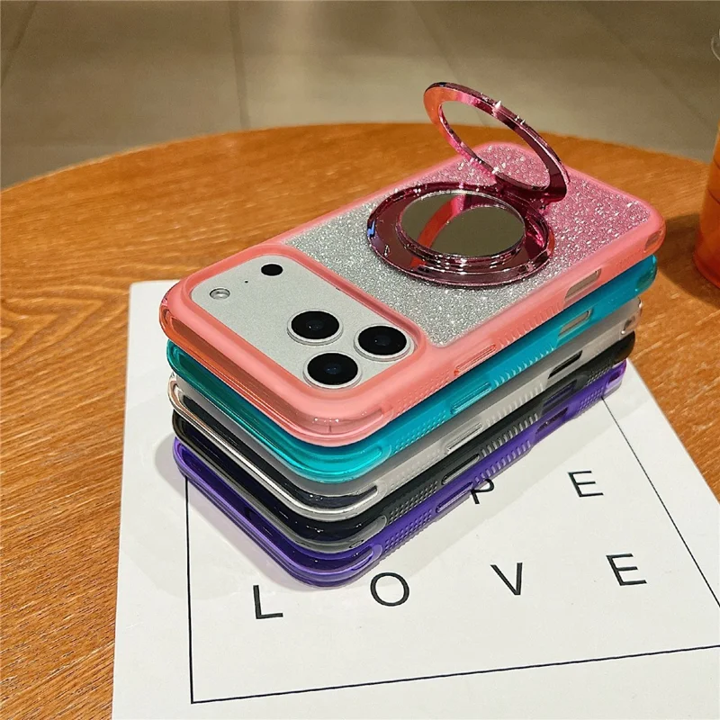 For iPhone 18 Pro Max / 17 Pro Max Magnetic Case Shockproof TPU + PC Phone Back Cover with Glitter Card  /  Mirror Kickstand - Blue