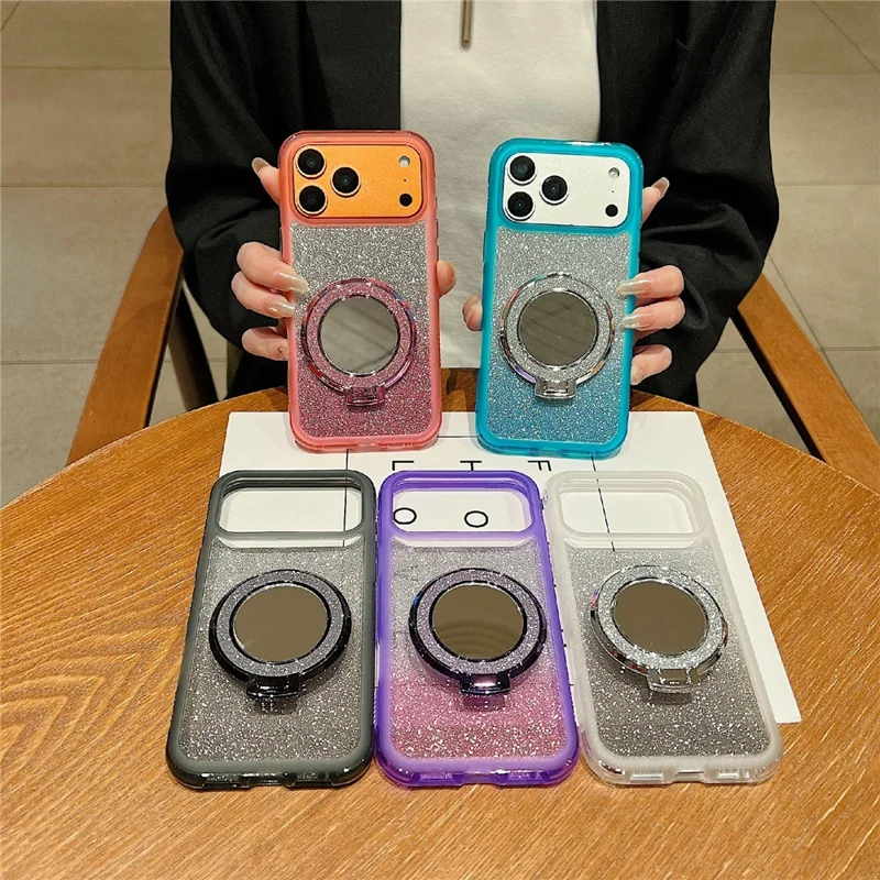 For iPhone 18 Pro Max / 17 Pro Max Magnetic Case Shockproof TPU + PC Phone Back Cover with Glitter Card  /  Mirror Kickstand - Blue