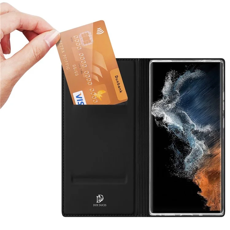 DUX DUCIS Skin Pro Series pour Samsung Galaxy S23 Ultra Porte-Cartes Étui Folio en Cuir PU avec Rabat et Support - Noir