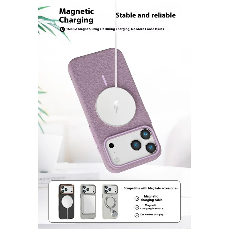 Bulk Purchasing For iPhone 17 Pro Max Case Compatible with MagSafe Litchi Pattern PC TPU Back Cover - Purple