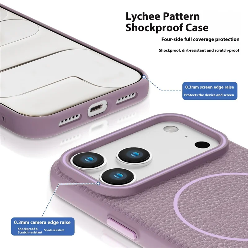 Bulk Purchasing For iPhone 17 Pro Max Case Compatible with MagSafe Litchi Pattern PC TPU Back Cover - Purple