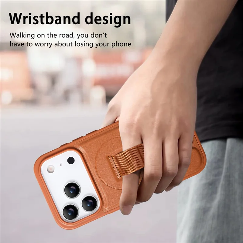 CASENEO For iPhone 17 Pro Max Magnetic Case Wristband PU Leather + PC Shockproof Phone Cover - Brown