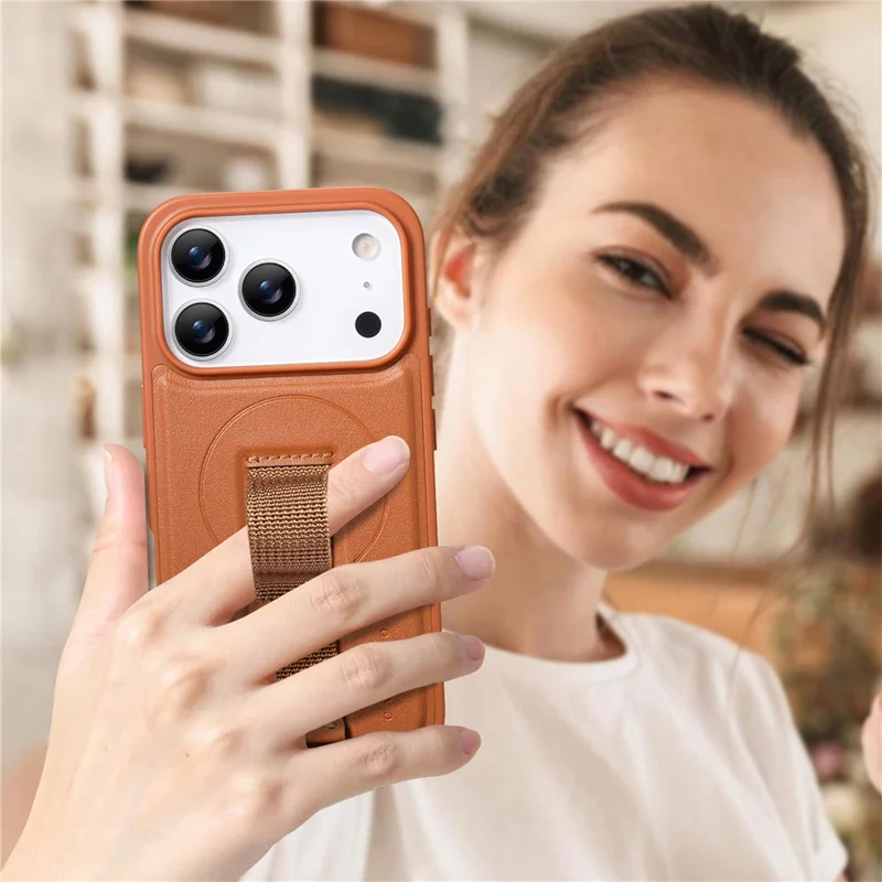 CASENEO For iPhone 17 Pro Max Magnetic Case Wristband PU Leather + PC Shockproof Phone Cover - Brown