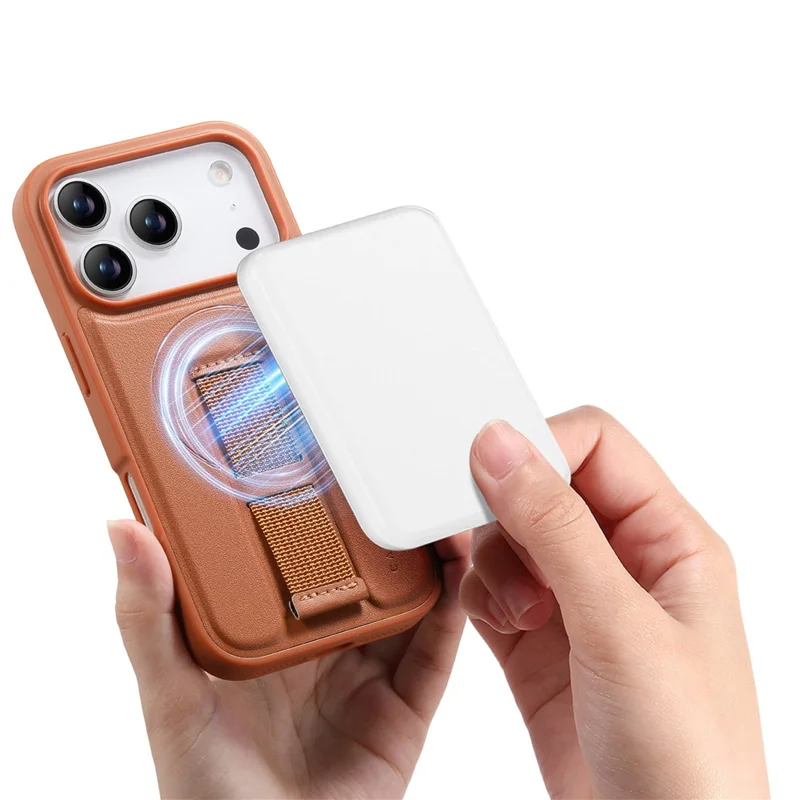 CASENEO For iPhone 17 Pro Max Magnetic Case Wristband PU Leather + PC Shockproof Phone Cover - Brown