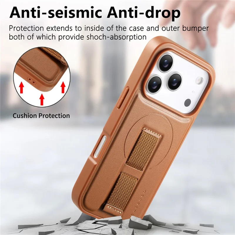 CASENEO For iPhone 17 Pro Max Magnetic Case Wristband PU Leather + PC Shockproof Phone Cover - Brown