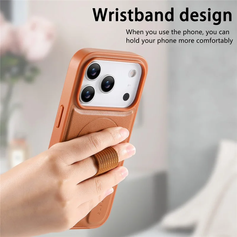 CASENEO For iPhone 17 Pro Max Magnetic Case Wristband PU Leather + PC Shockproof Phone Cover - Brown