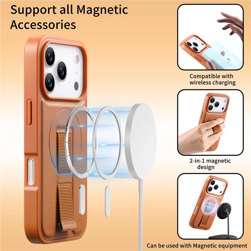CASENEO For iPhone 17 Pro Max Magnetic Case Wristband PU Leather + PC Shockproof Phone Cover - Brown