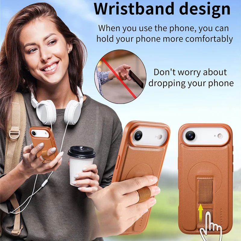 CASENEO For iPhone Air Magnetic Case Wristband PU Leather + PC Shockproof Phone Cover - Brown