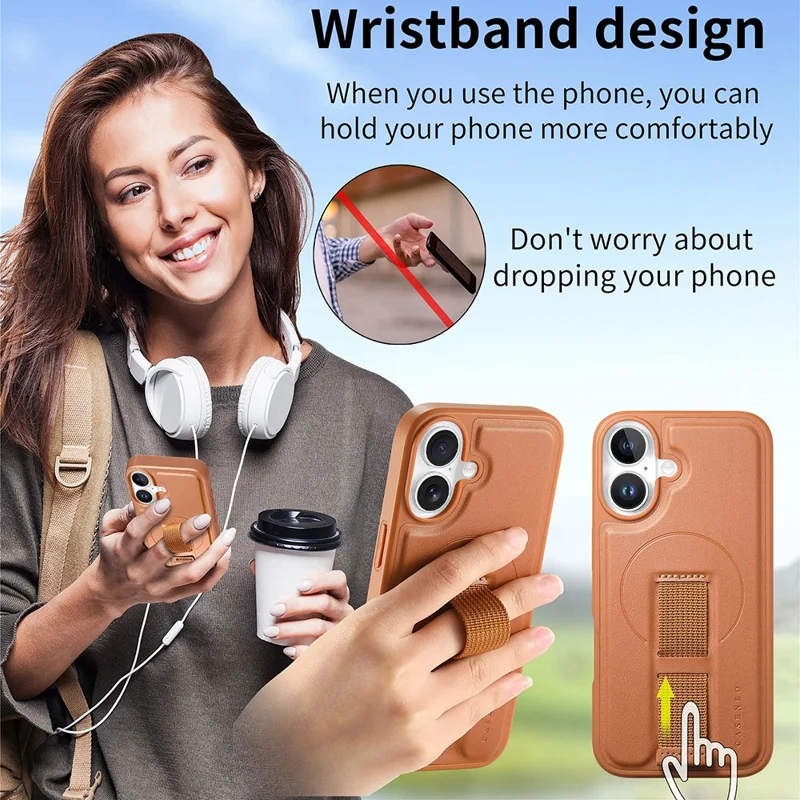 CASENEO For iPhone 17 Magnetic Case Wristband PU Leather + PC Shockproof Phone Cover - Brown