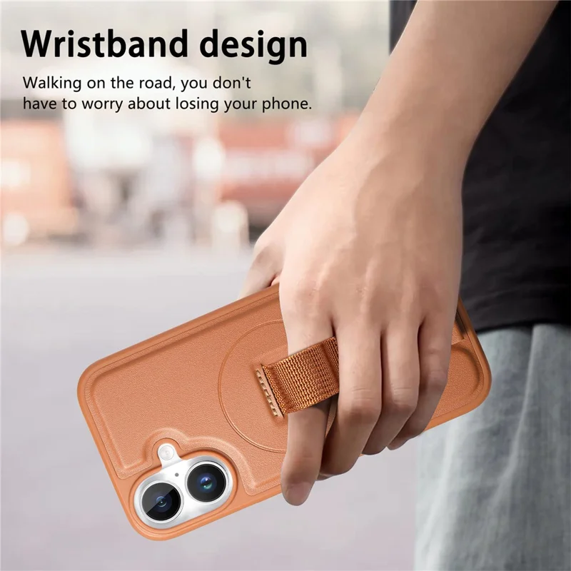 CASENEO For iPhone 17 Magnetic Case Wristband PU Leather + PC Shockproof Phone Cover - Brown