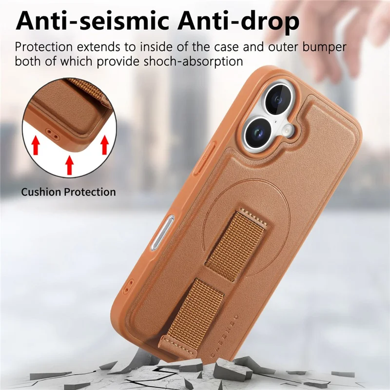 CASENEO For iPhone 17 Magnetic Case Wristband PU Leather + PC Shockproof Phone Cover - Brown