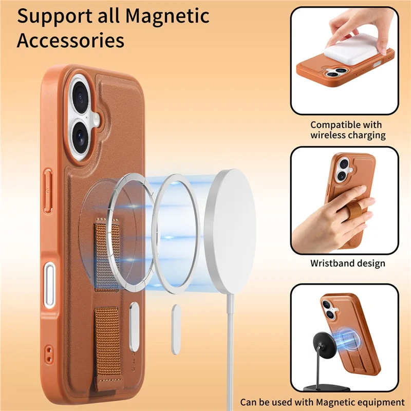 CASENEO For iPhone 17 Magnetic Case Wristband PU Leather + PC Shockproof Phone Cover - Brown