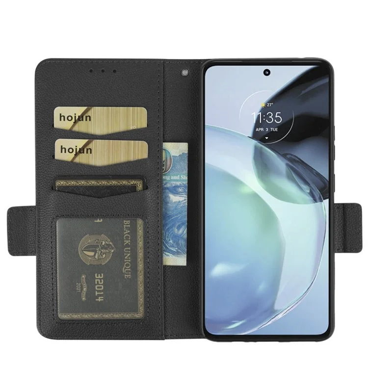 Защитный чехол для телефона для Motorola Moto G72 4G, кожа под лайку с текстурой, противоударный, противоцарапинный, с магнитным закрытием и подставкой, чехол-книжка для телефона - черный