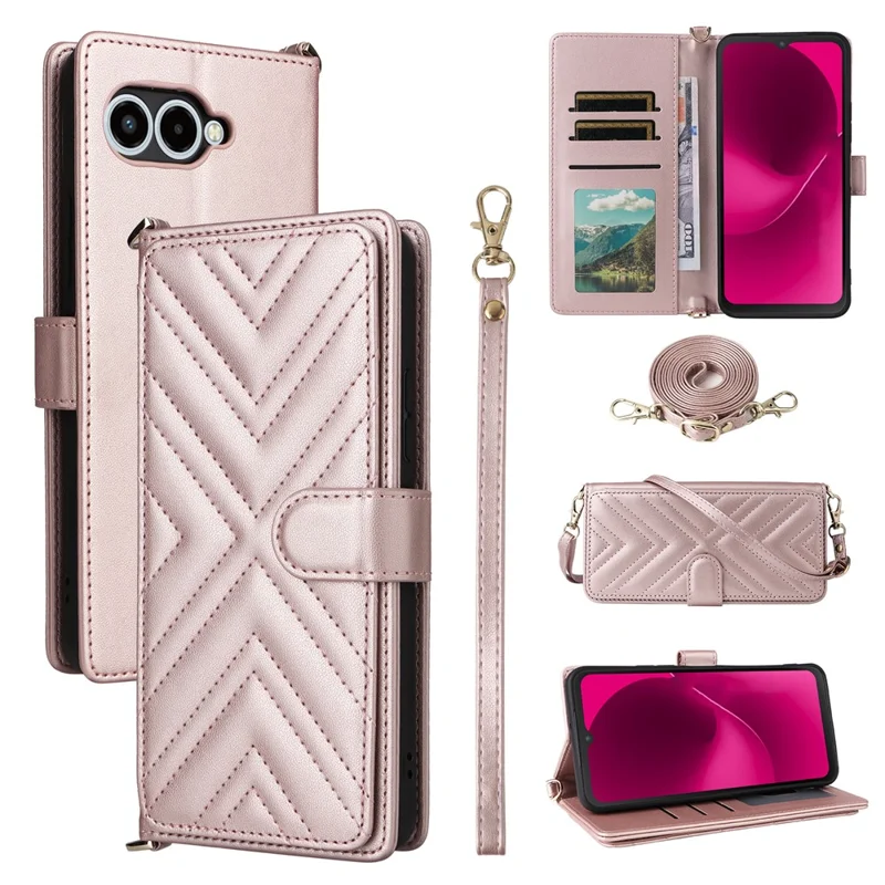 For T-Mobile REVVL 8  /  T Phone 3 Case with Shoulder  /  Wrist Strap Leather Phone Cover Stand Wallet - Pink