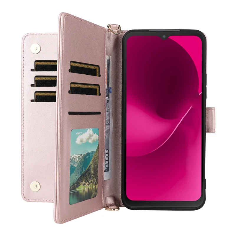 For T-Mobile REVVL 8  /  T Phone 3 Case with Shoulder  /  Wrist Strap Leather Phone Cover Stand Wallet - Pink