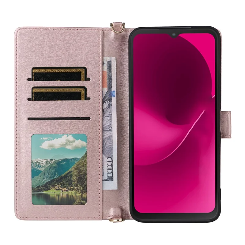 For T-Mobile REVVL 8  /  T Phone 3 Case with Shoulder  /  Wrist Strap Leather Phone Cover Stand Wallet - Pink