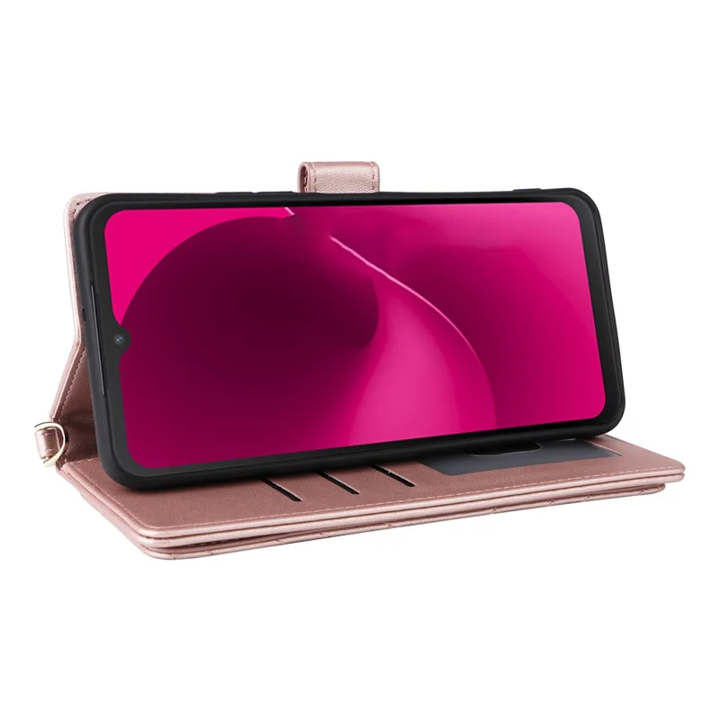 For T-Mobile REVVL 8  /  T Phone 3 Case with Shoulder  /  Wrist Strap Leather Phone Cover Stand Wallet - Pink