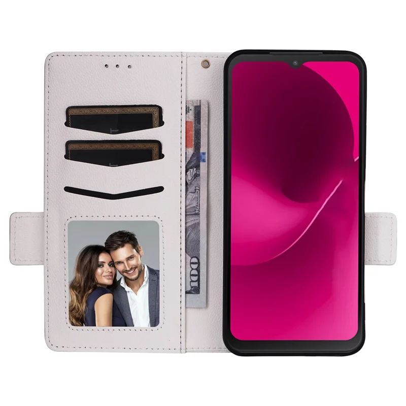 For T-Mobile REVVL 8  /  T Phone 3 Case Litchi Texture Wallet Leather Phone Cover with Wrist Strap - White
