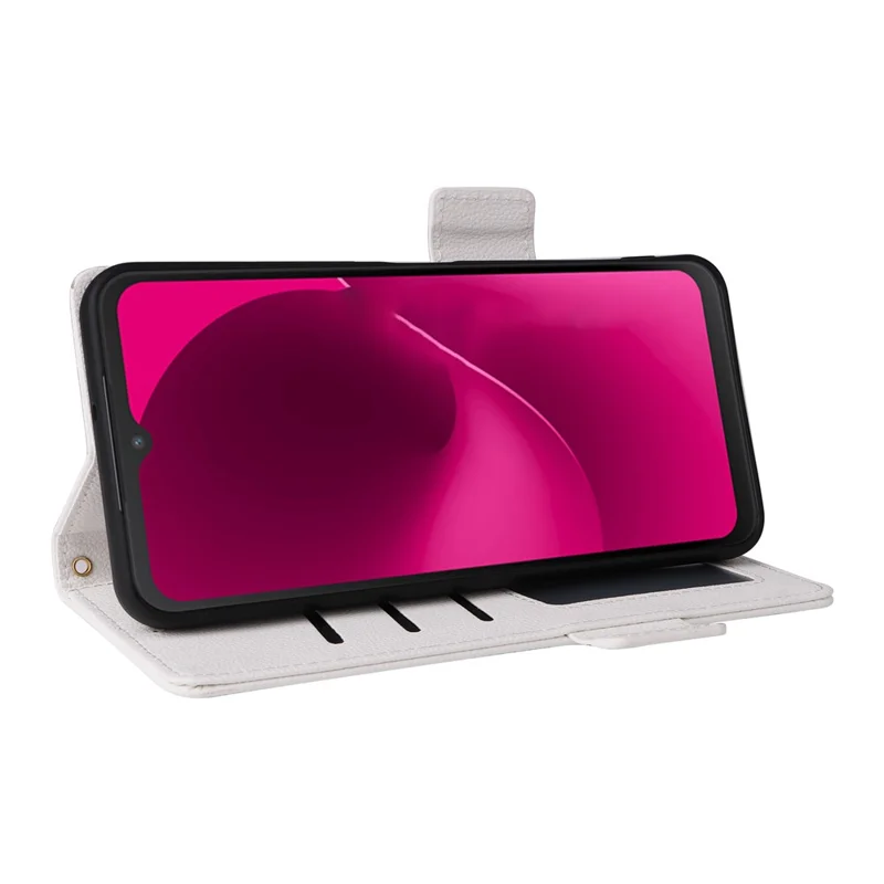 For T-Mobile REVVL 8  /  T Phone 3 Case Litchi Texture Wallet Leather Phone Cover with Wrist Strap - White