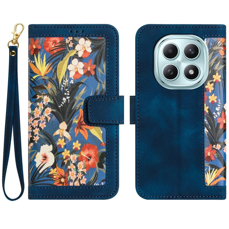 For Xiaomi Redmi Note 15 5G (Global) Case PU Leather Floral Phone Cover with Card Slots - Dark Blue