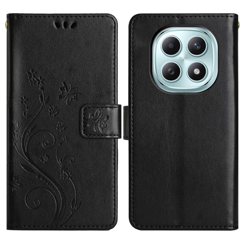 For Xiaomi Redmi Note 15 5G (Global) Leather Wallet Case Butterfly Flower Imprinted Phone Cover with Strap - Black