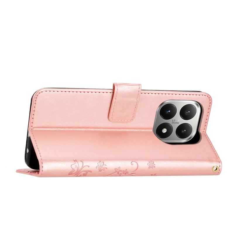 Læderet tegnebogstaske til Xiaomi 15T med sommerfugl og blomstertryk, telefonbeskytning med stropløsning - Rosenød