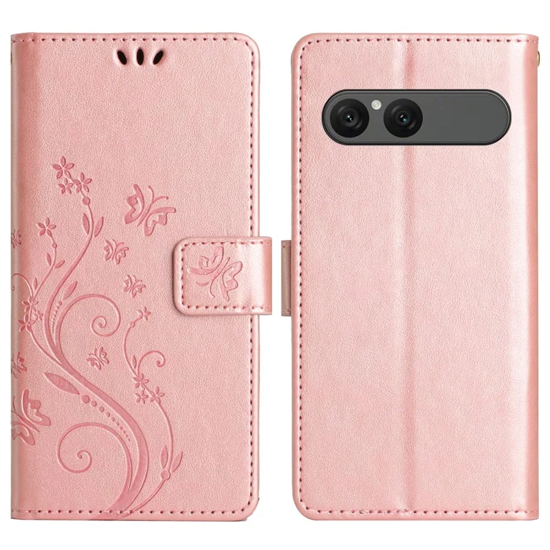 For Sony Xperia 10 VII Leather Wallet Case Butterfly Flower Imprinted Phone Cover with Strap - Rose Gold