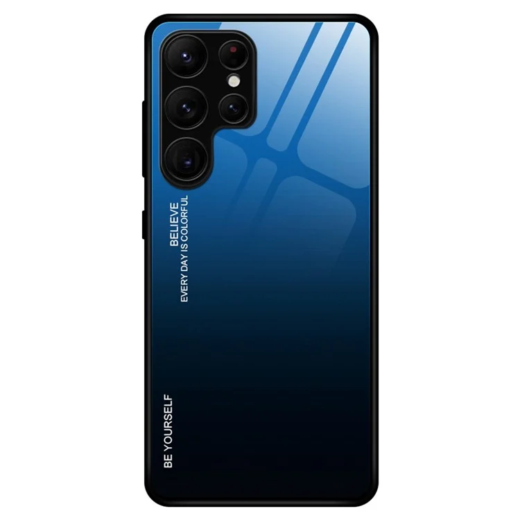 For Samsung Galaxy S23 Ultra Tempered Glass Phone Case Gradient Color Design Hard PC Soft TPU Fame Anti-Drop Cover - Blue  /  Black