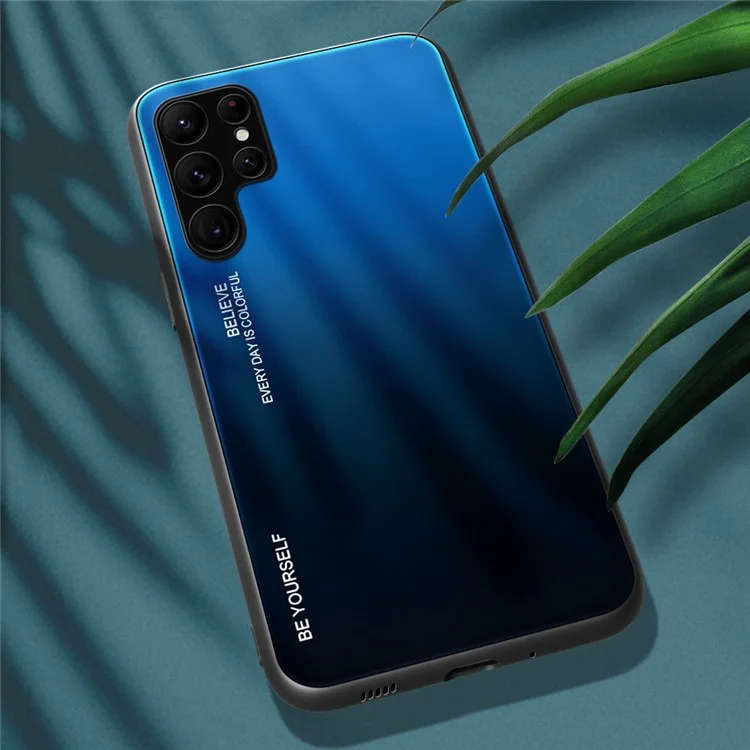 For Samsung Galaxy S23 Ultra Tempered Glass Phone Case Gradient Color Design Hard PC Soft TPU Fame Anti-Drop Cover - Blue  /  Black