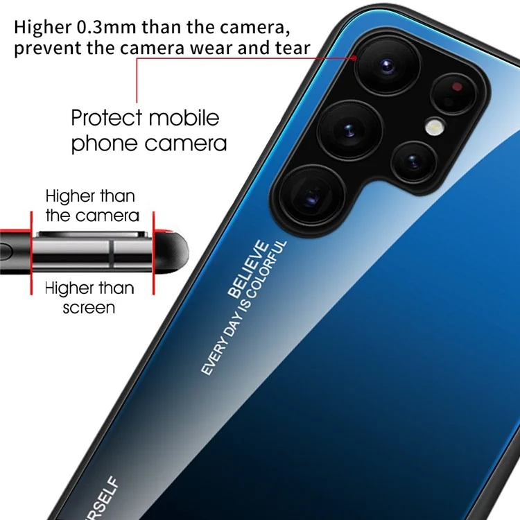 For Samsung Galaxy S23 Ultra Tempered Glass Phone Case Gradient Color Design Hard PC Soft TPU Fame Anti-Drop Cover - Blue  /  Black