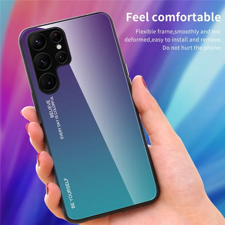 For Samsung Galaxy S23 Ultra Tempered Glass Phone Case Gradient Color Design Hard PC Soft TPU Fame Anti-Drop Cover - Blue  /  Black