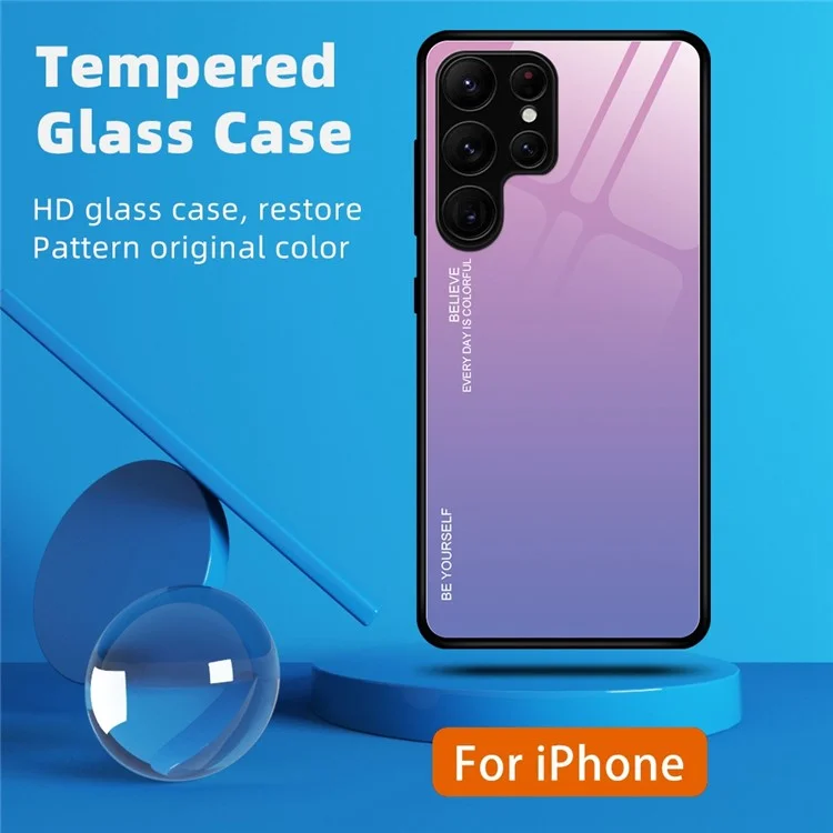 For Samsung Galaxy S23 Ultra Tempered Glass Phone Case Gradient Color Design Hard PC Soft TPU Fame Anti-Drop Cover - Blue  /  Black