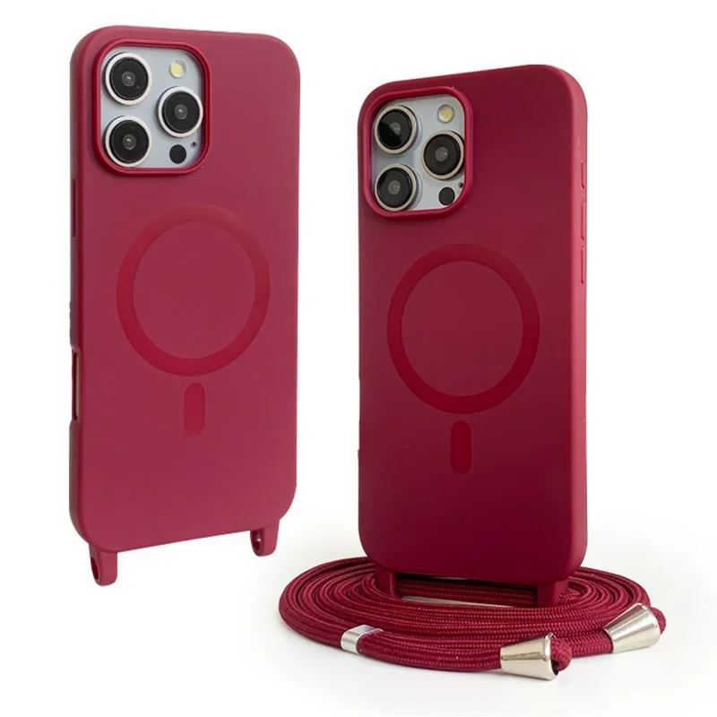 Capa Magnética Compatível com iPhone 16 Pro MagSafe Capa de Telefone Macia de TPU com Cordão - Vermelho Escuro