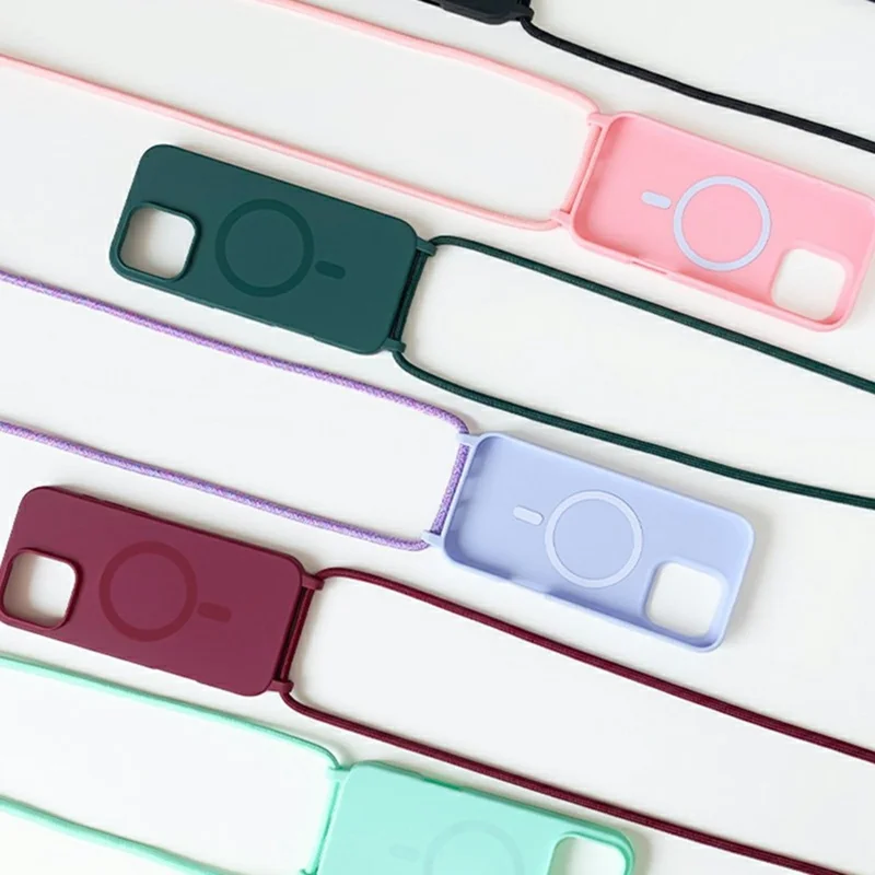 Capa Magnética Compatível com iPhone 16 Pro MagSafe Capa de Telefone Macia de TPU com Cordão - Vermelho Escuro