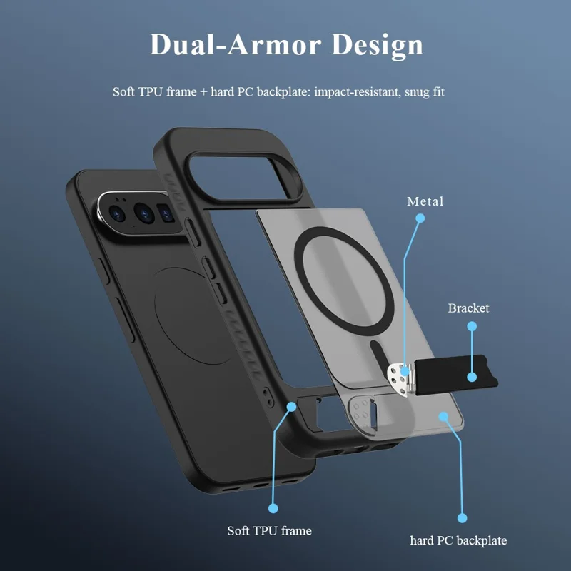 LEREACH Le-Chic Series For Google Pixel 10 Pro XL / 9 Pro XL Magnetic Case Kickstand TPU + PC Phone Cover - Black