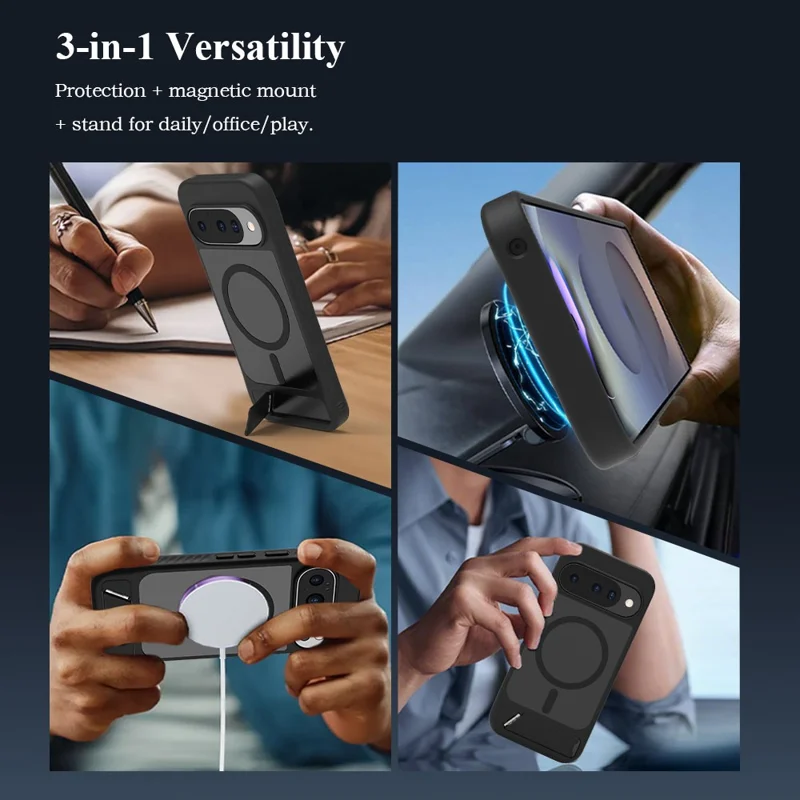 LEREACH Le-Chic Series For Google Pixel 10 Pro XL / 9 Pro XL Magnetic Case Kickstand TPU + PC Phone Cover - Black