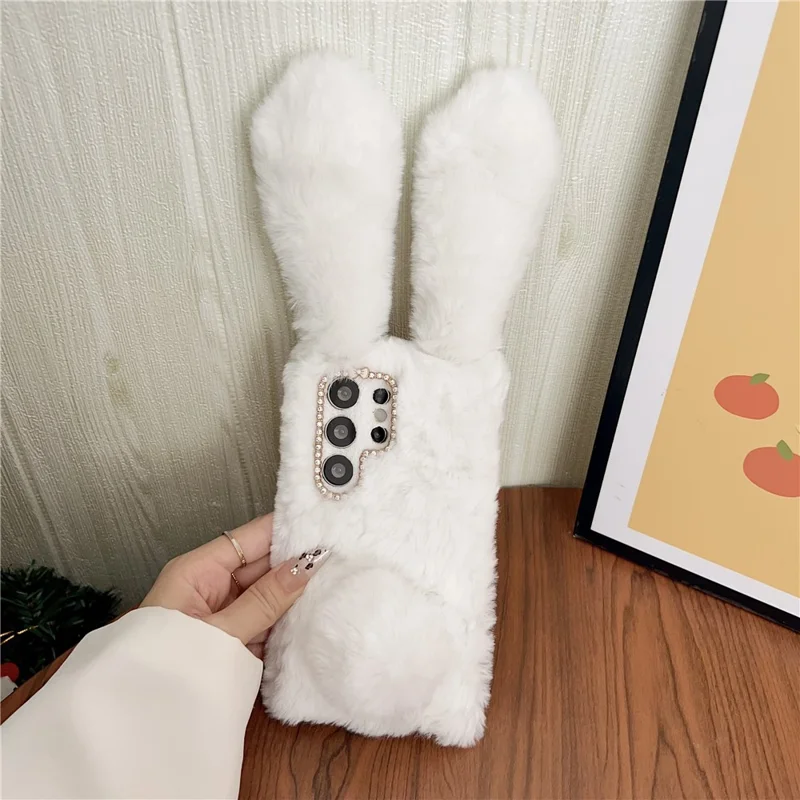 For Samsung Galaxy S26 Ultra Case Plush Cute Bunny Winter Fluffy TPU Phone Cover - White