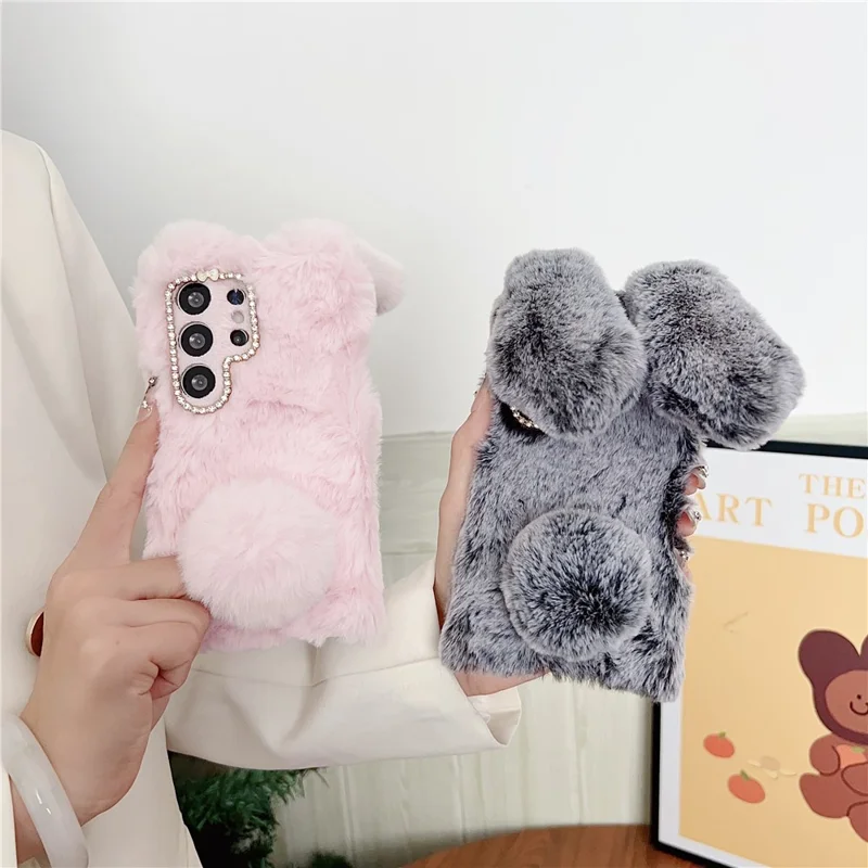 For Samsung Galaxy S26 Ultra Case Plush Cute Bunny Winter Fluffy TPU Phone Cover - White