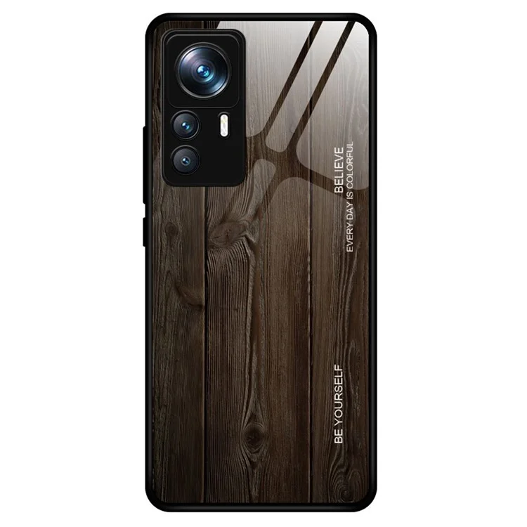 For Xiaomi 12T Pro 5G Drop Resistant Wooden Pattern Tempered Glass Shell Phone Case TPU Frame Protective Cover - Black